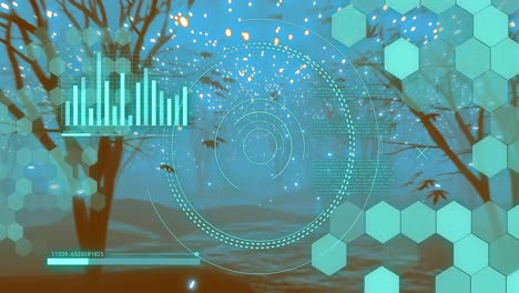 Circular-scanner-and-data-processing-over-lights-and-tree-lined-path-at-night