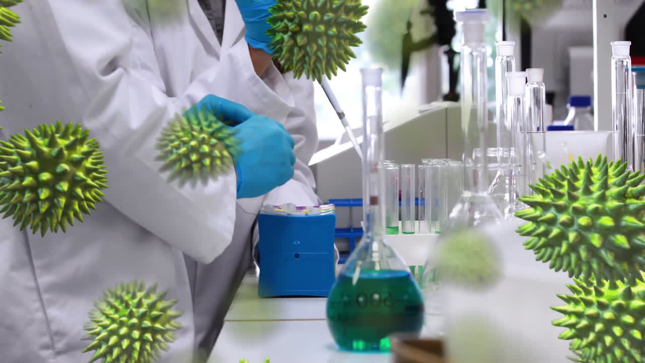 Animation of virus cells over diverse scientists working in lab