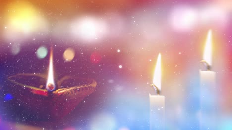 diwali oil lamp and candles with soft glowing bokeh background, festive lights, holiday celebration, diya, glowing candles, peaceful scene, warm lighting, spiritual, festive background