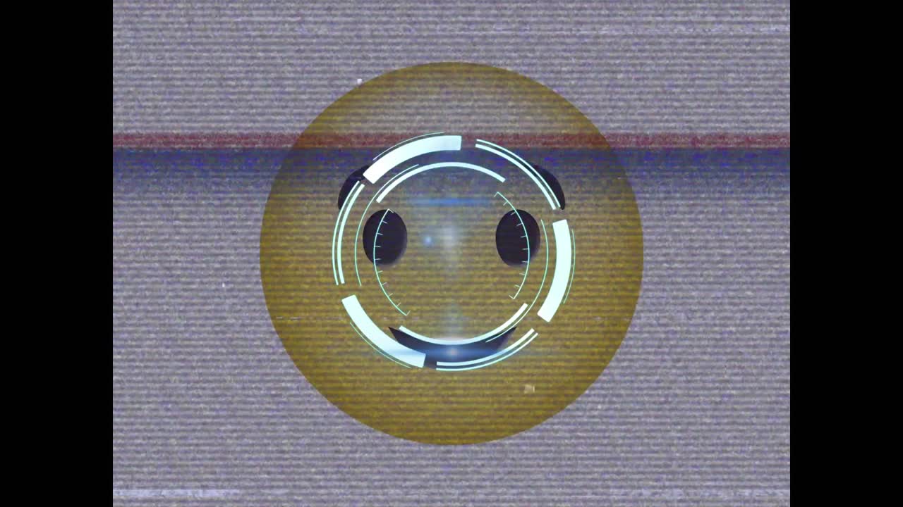 escáner redondo de neón y efecto estático de tv sobre emoji de cara parpadeante sobre fondo blanco