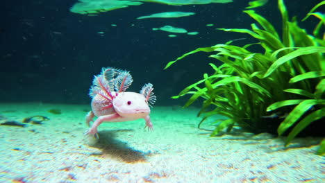 pink axolotl in aquarium