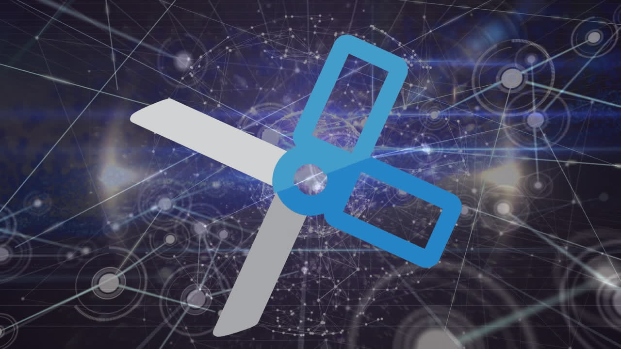 animación del icono de las tijeras sobre una red de conexiones y un globo sobre fondo negro