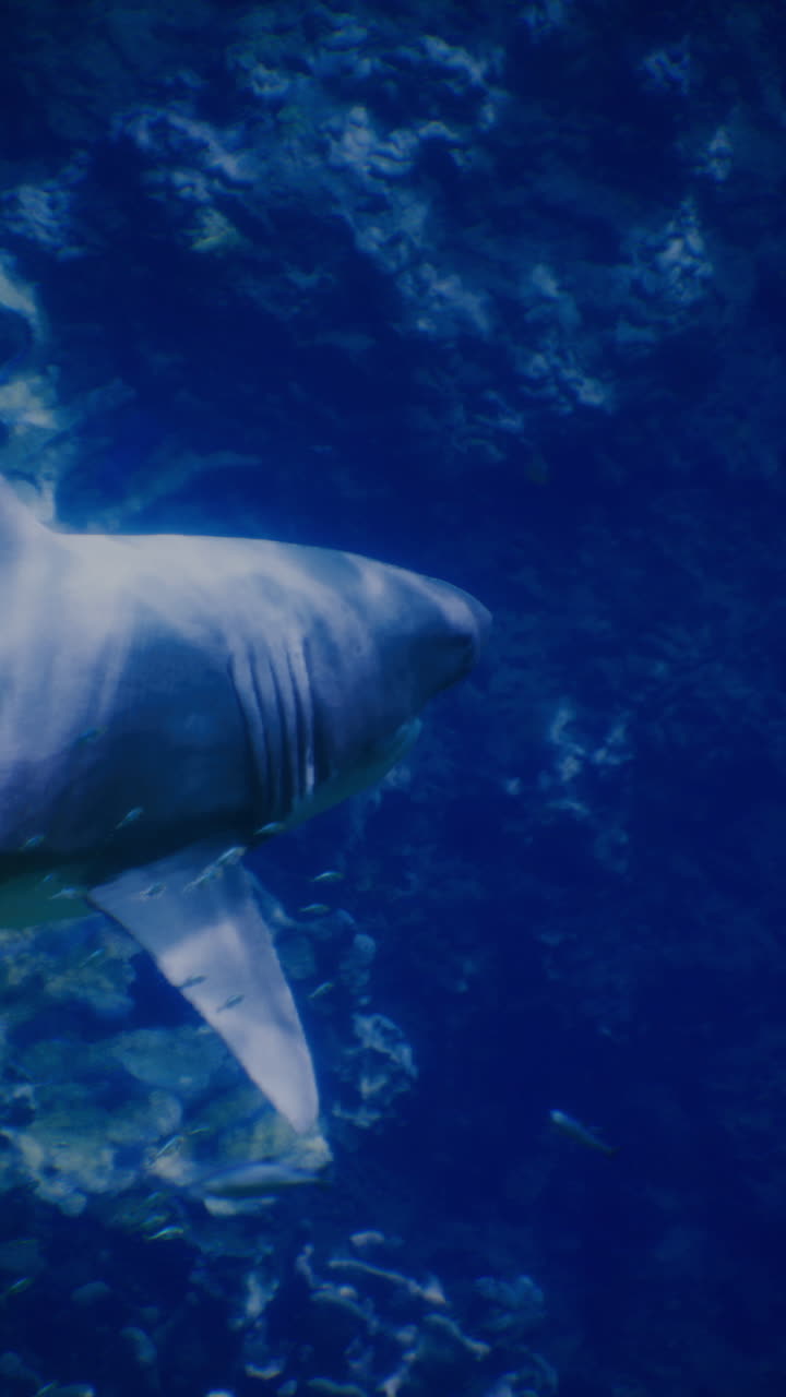 Shark swimming gracefully in clear blue ocean waters near coral reef