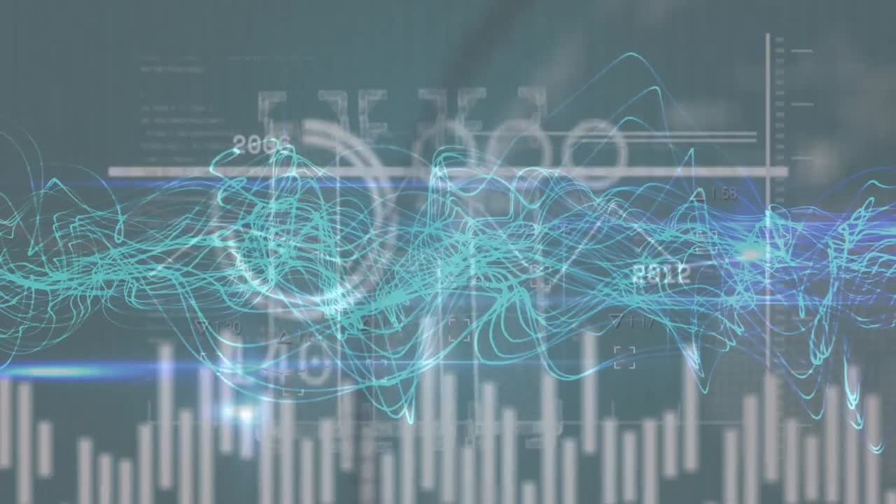 Animation of glitch over graphs, numbers, data and waves on dark background