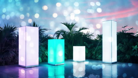 modern illuminated pillars in a tropical outdoor setting with bokeh lights