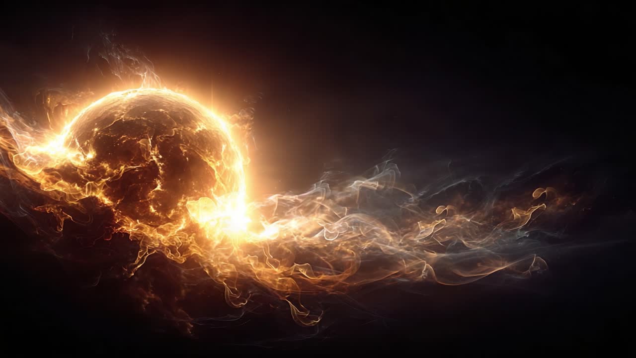 Impresionante representación de energía cósmica con un sol radiante rodeado de llamas etéreas y neblina celestial, capturando la esencia de la belleza y el poder galácticos.