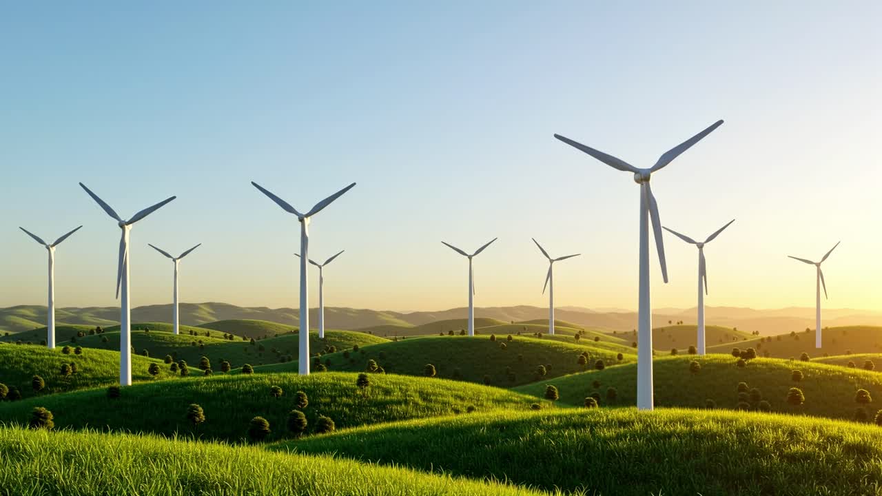 Wind turbines stand tall in a picturesque green landscape, harnessing the power of renewable energy as the sun rises
