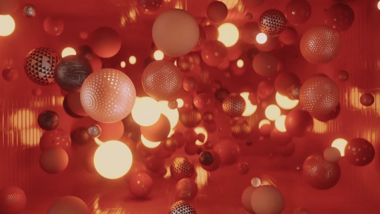 카메라는 동적 떠다니는 구들로 가득 찬 방으로 밀려갑니다.