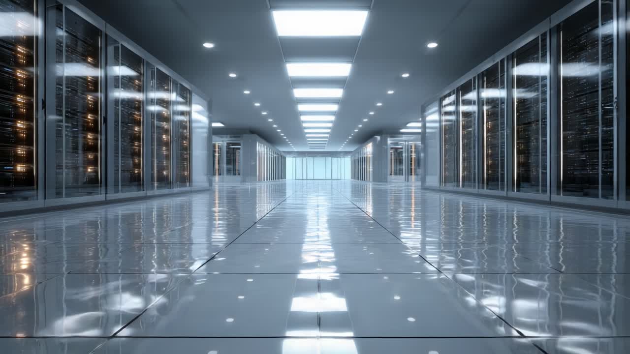Modern Data Center Corridor Featuring Rows of Server Racks with Reflective Flooring and Bright Lighting, Creating an Atmosphere of High-Tech Efficiency