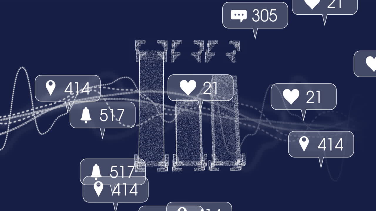 Analyzing animation of social media notifications and engagement metrics on screen