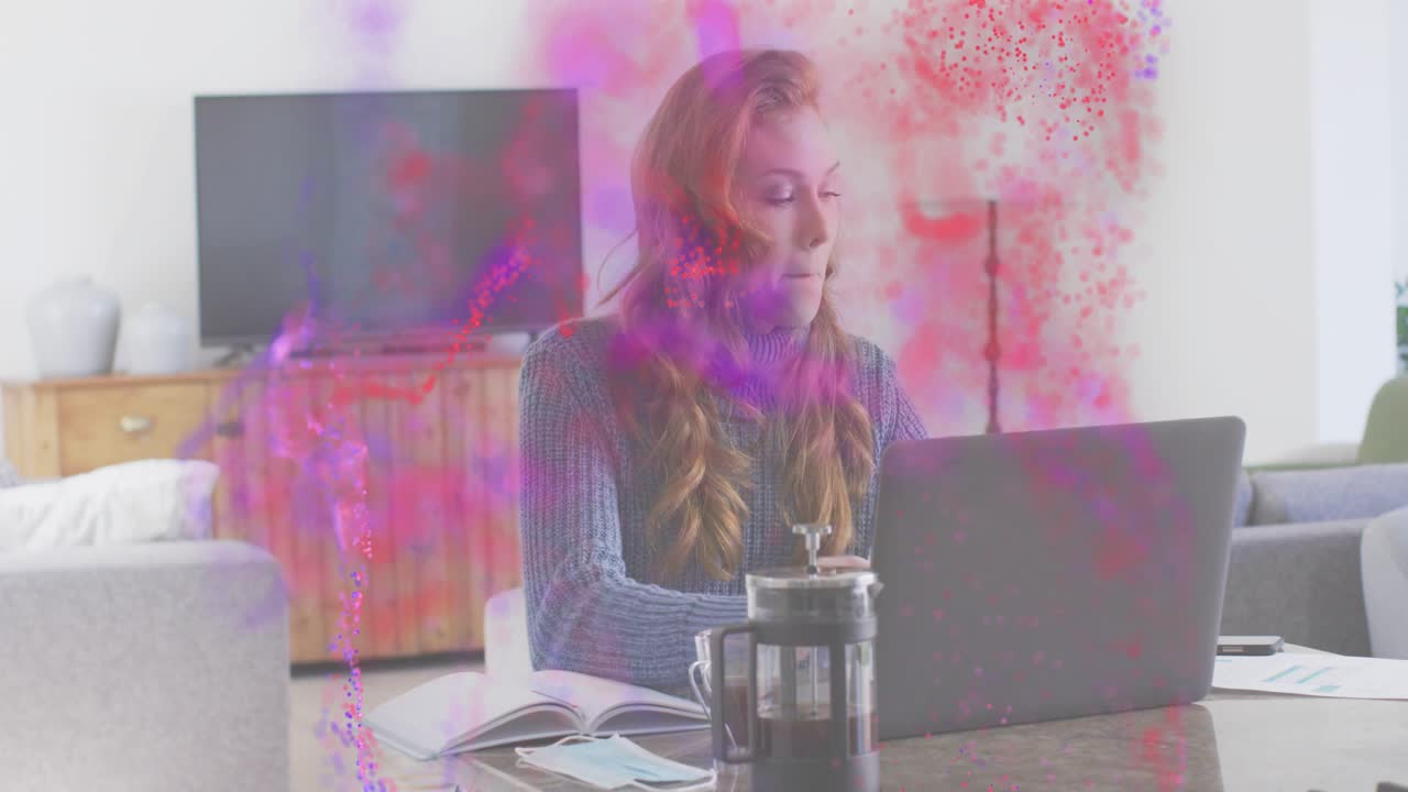 Woman holding glass mug reaching docs initiating swirling purple particles before resuming work