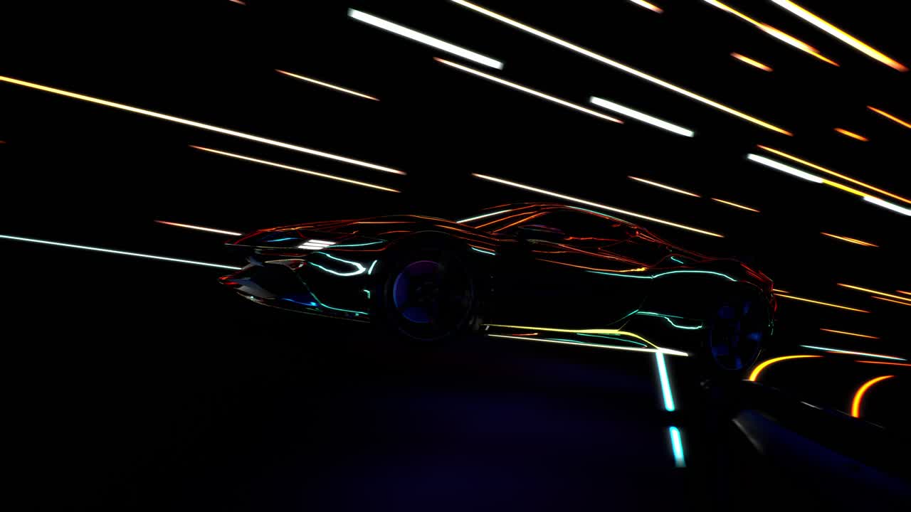 3D Speeding Sports Car On Neon. Powerful Acceleration Of A Supercar On A Night Track With Colorful Lights And Trails. 3D Animation