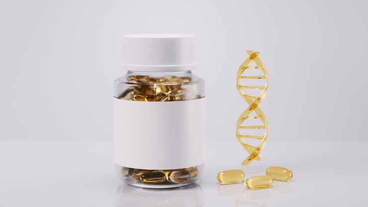 Golden fish oil capsule, 3d rendering.