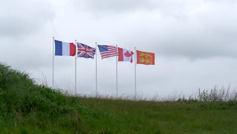 西側同盟国の隣にあるフランスの国旗 イギリス、アメリカ合衆国、カナダがノルマンディー国旗の横で手を振っており、すべてオーバーロード作戦、dデイに関与している