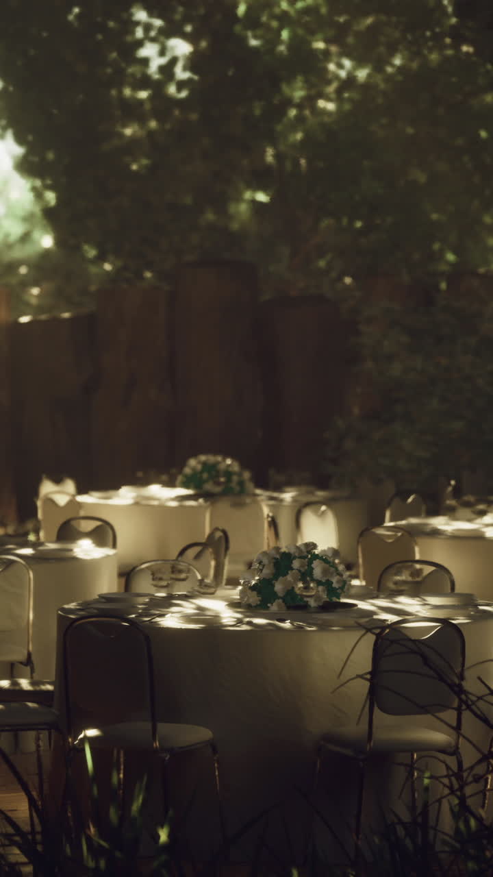 Elegant outdoor dining setup in a forested area during golden hour