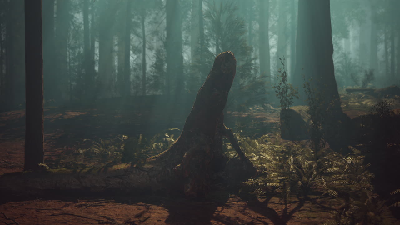 bosque de niebla con un tronco de árbol