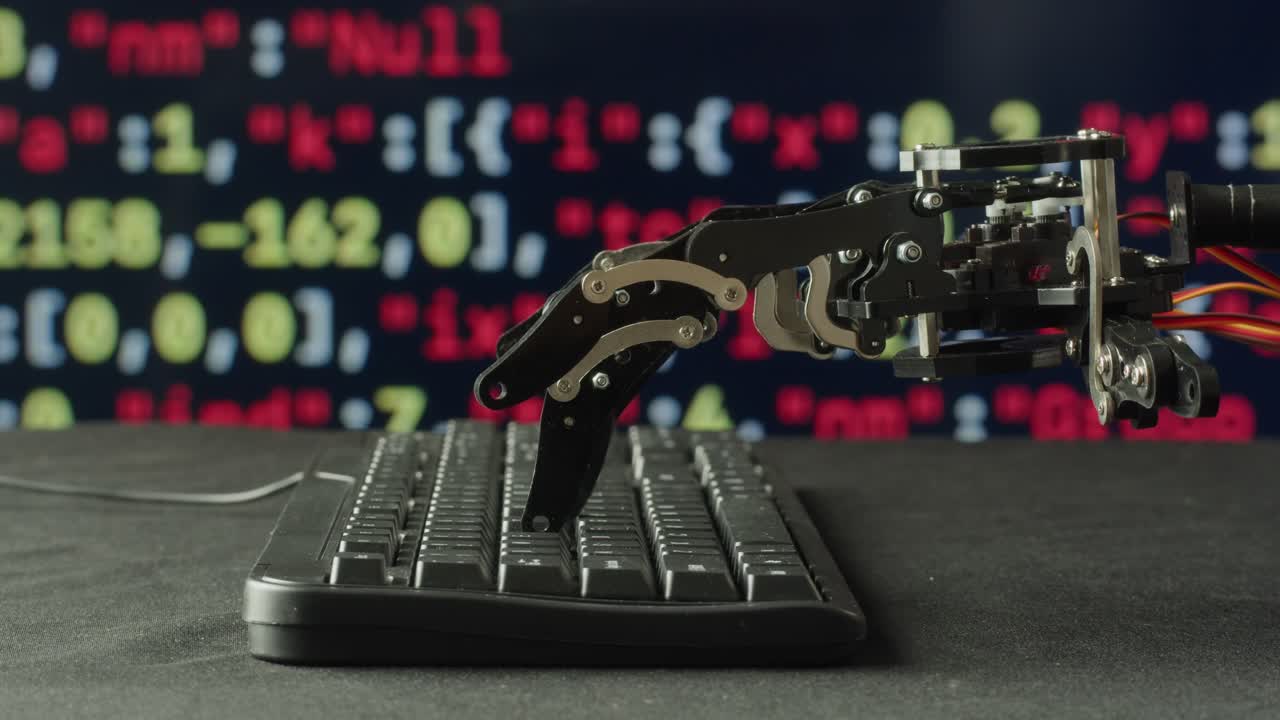 Robot Hand Typing on a Keyboard with Code Background