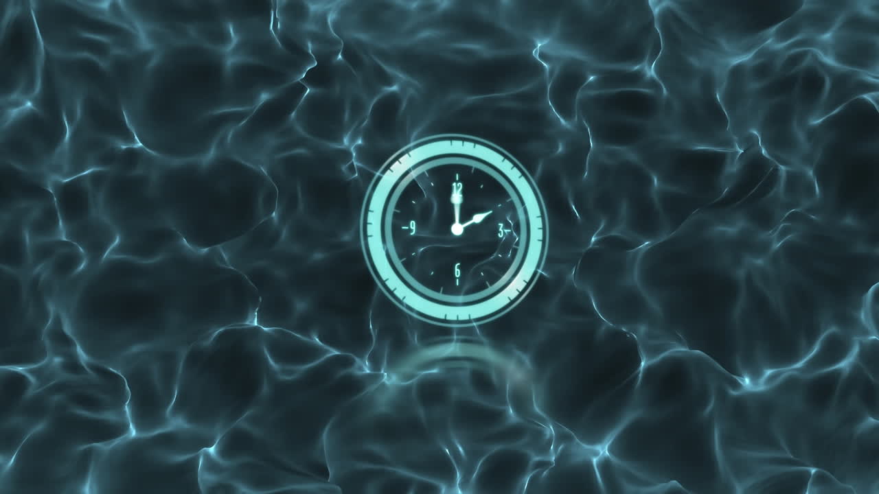 파란색 패턴의 배경 위에 빠르게 움직이는 시계의 애니메이션