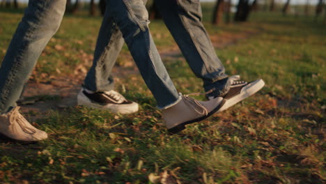 parents kid leg walking autumn park field together closeup. outdoor leisure time