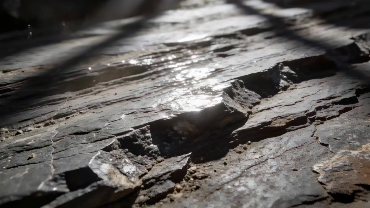 Shifting camera revealing cracked layered rock slab on bedrock sun glare shifting and dust drifting