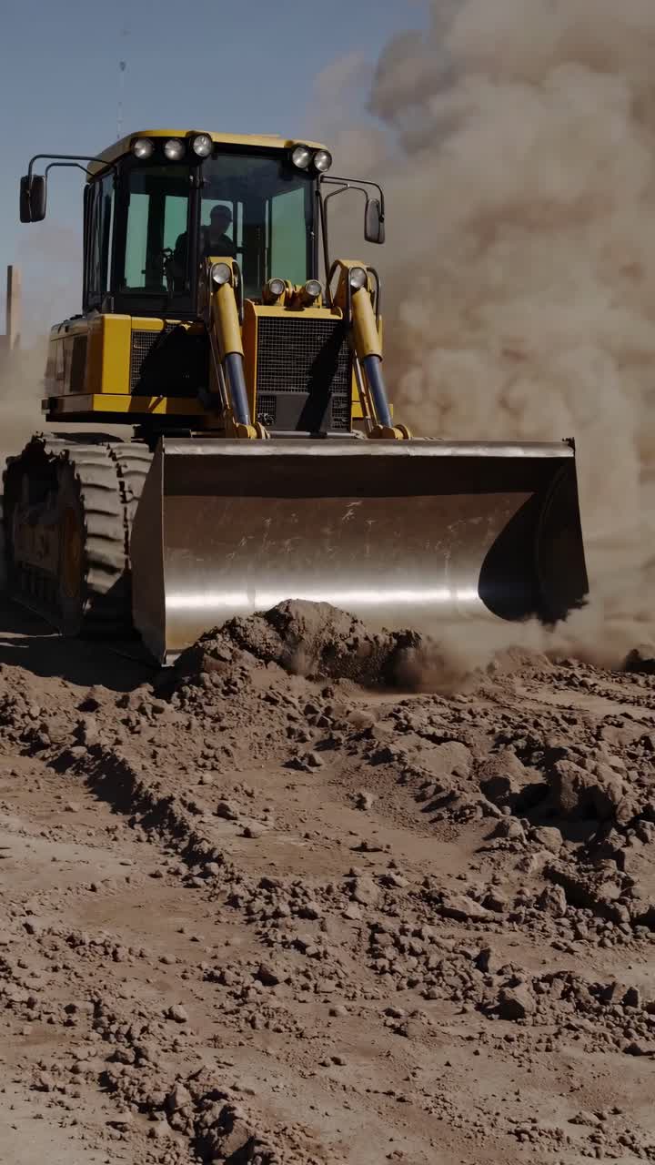 Low-angle video shot of a bulldozer moving dirt on a construction site, emphasizing power and motion