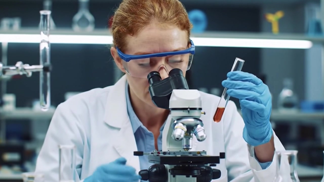 Scientist observing specimen using microscope in laboratory