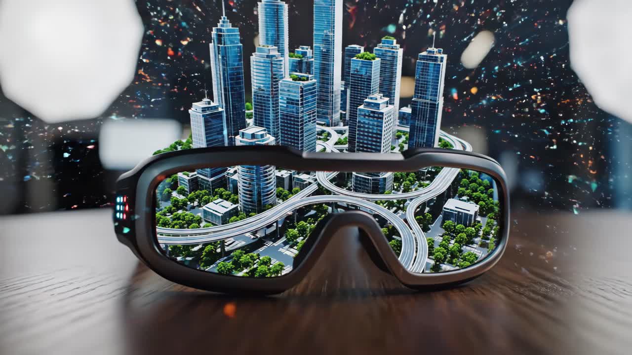 VR Glasses Reflecting Futuristic Cityscapes