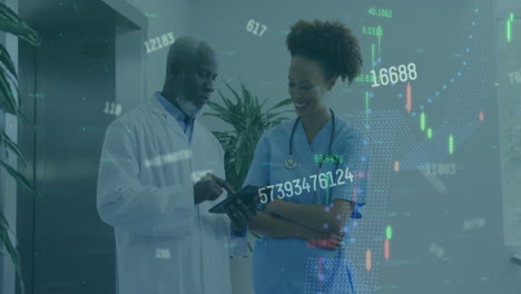animation of numbers and data processing over diverse doctors using tablet