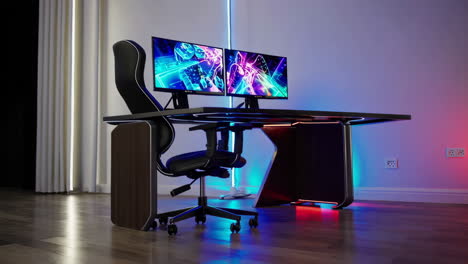 modern gaming desk setup with vibrant rgb lighting