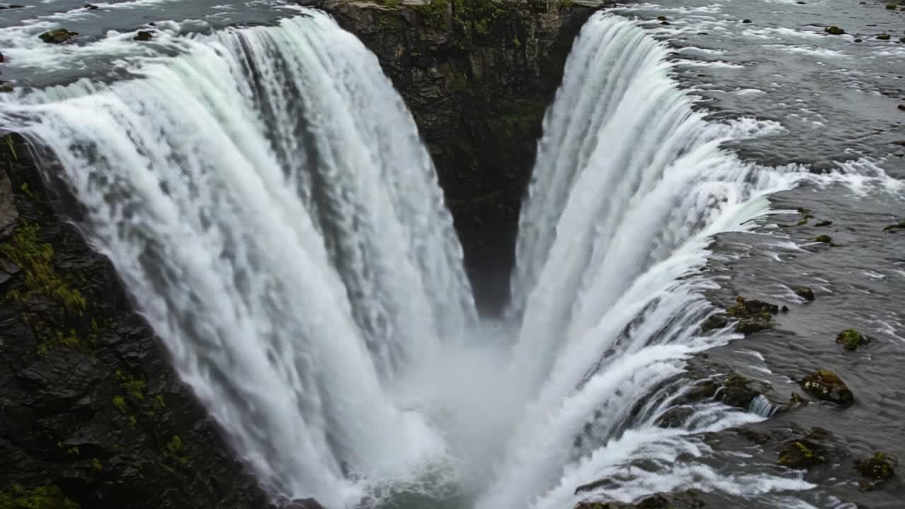 Majestic Waterfall Cascading into a Deep Chasm, Capturing the Power and Beauty of Nature's Flowing Water in a Dynamic Landscape Scene