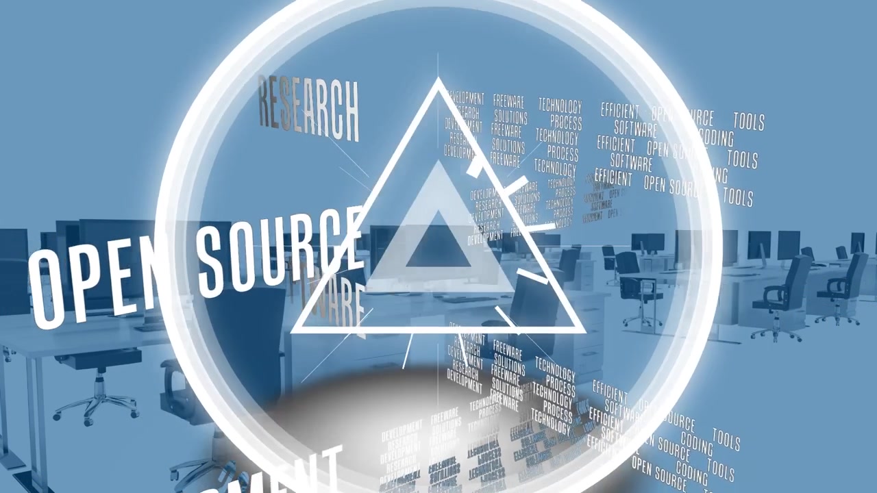 Animation of triangle and circle moving in loop with business text over vector co-working office