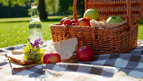 summer picnic with refreshing drinks and a fruit basket