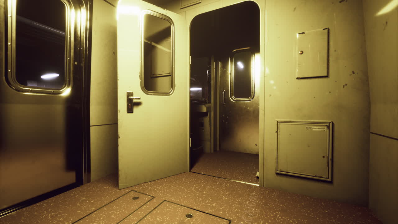 Empty train compartment with metallic walls and open doors in dim lighting
