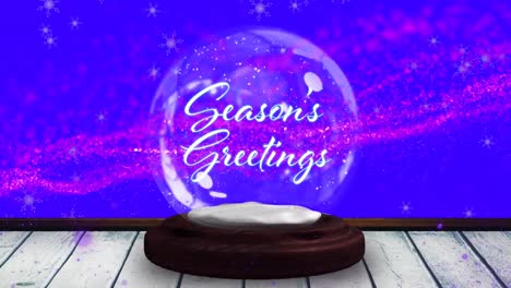 animation of season's greetings text in snow globe and shooting star on blue background