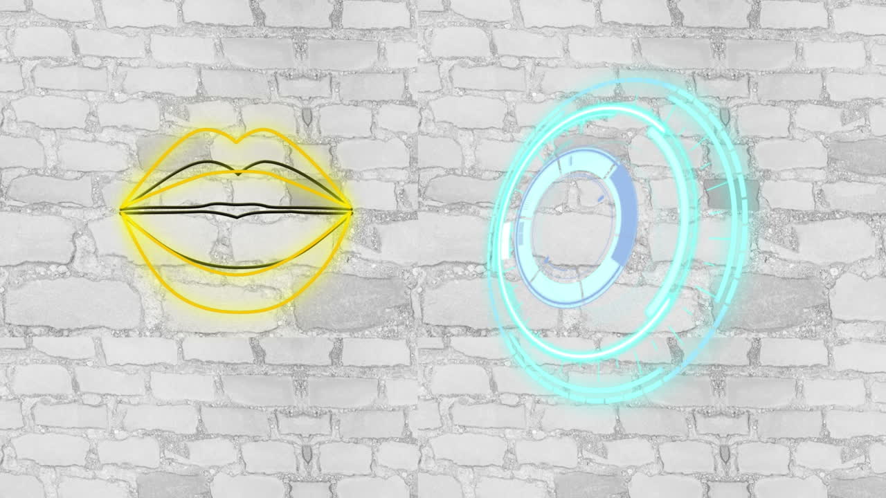 animación de escaneo de alcance y labios de neón en fondo de ladrillo