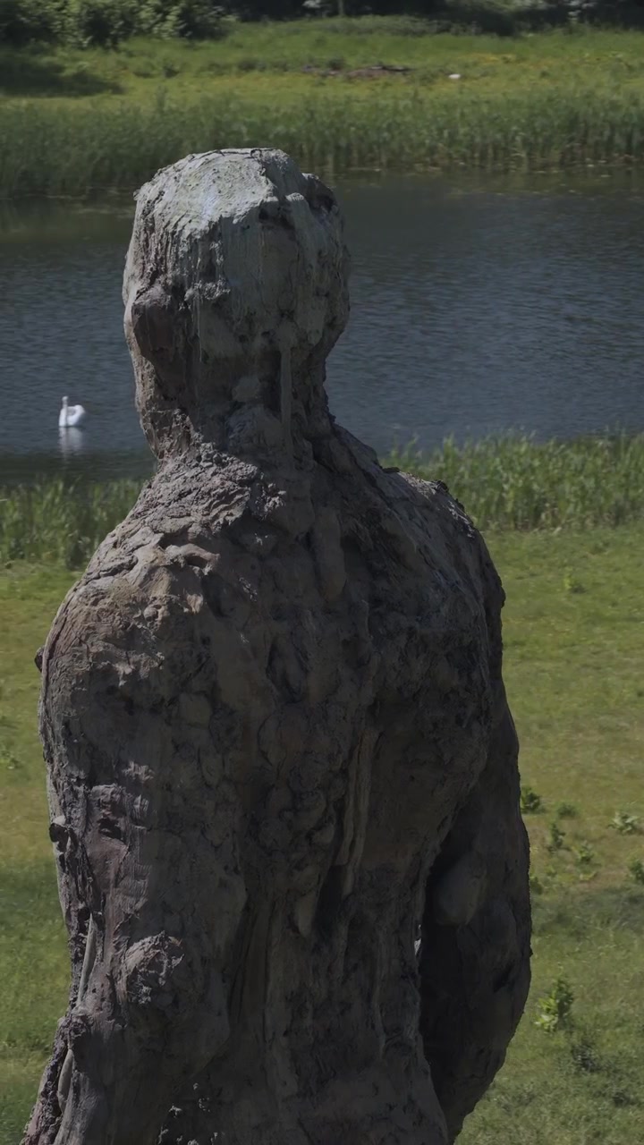 Et filmisk skud af Yoxman-statuen, en storstilet skulptur, der står prominent i det grønne Suffolk-landskab nær et vandområde.