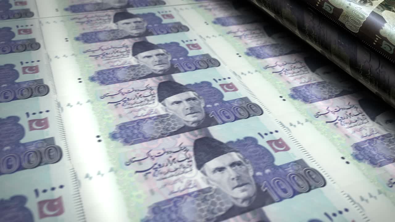 billetes de dinero de rupias pakistaníes que imprimen en bucle sin costuras