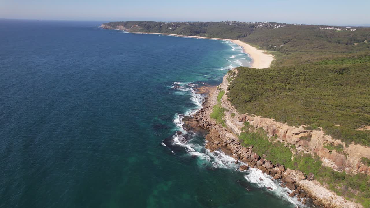 Dudley Beach With Little Redhead Cliff Top Walk In New South Wales, Australia - Aerial Shot