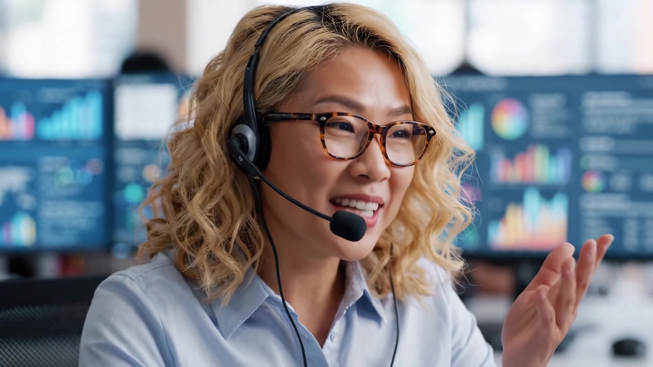 Professional Call Center Agent Engaged in Client Conversation with Data-Driven Insights Displayed on Multiple Monitors in a Modern Office Environment