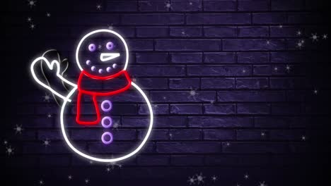 digital animation of snowflakes falling over neon snowman against purple brick wall