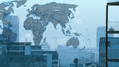 Animación-Del-Mapa-Mundial-Y-Procesamiento-De-Datos-Financieros-Sobre-El-Paisaje-Urbano