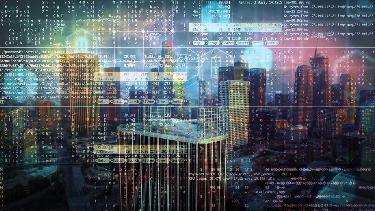 video compuesto digital de interfaz digital con procesamiento de datos e iconos temáticos de negocios contra el fondo del paisaje urbano aéreo. interfaz de computadora, concepto de negocios y tecnología.