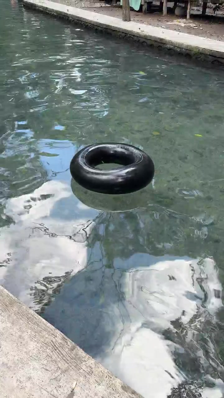 Black Inflatable Swim Ring Floating on Clear Water