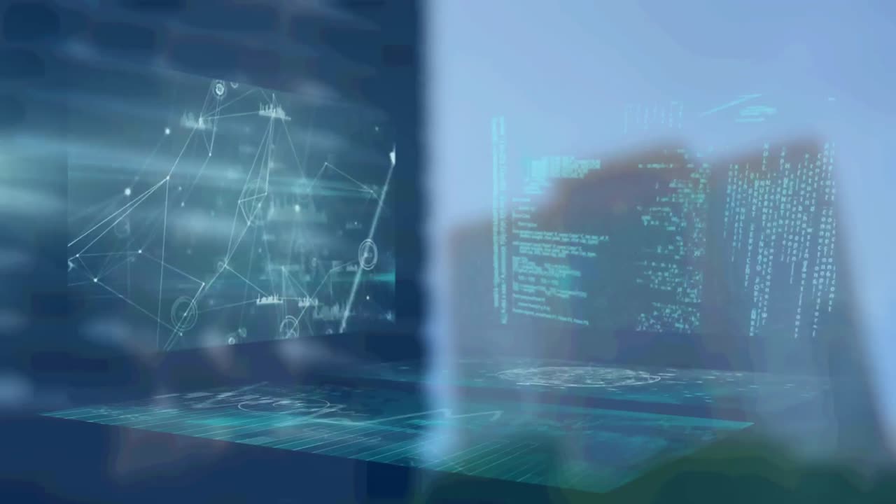Animation of diverse data over city financial district