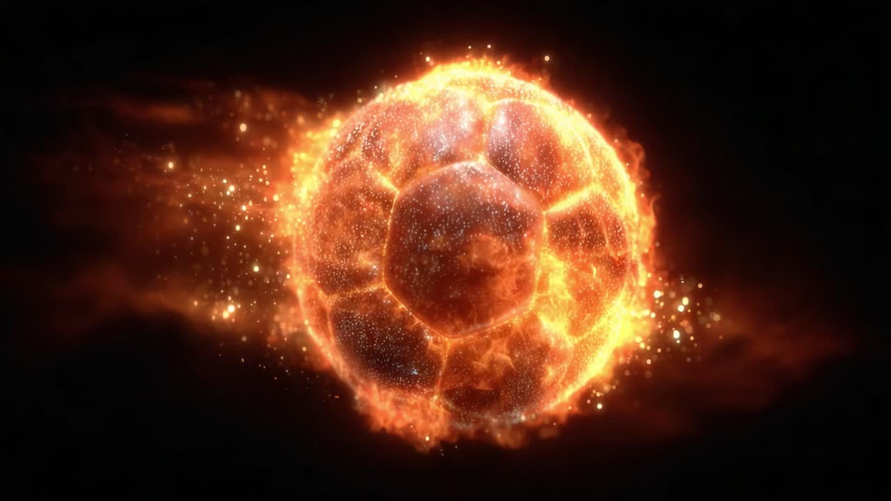 A dazzling display of fiery energy encapsulating a glowing soccer ball, swirling with sparks and cosmic elements, creating a vibrant and dynamic visual experience