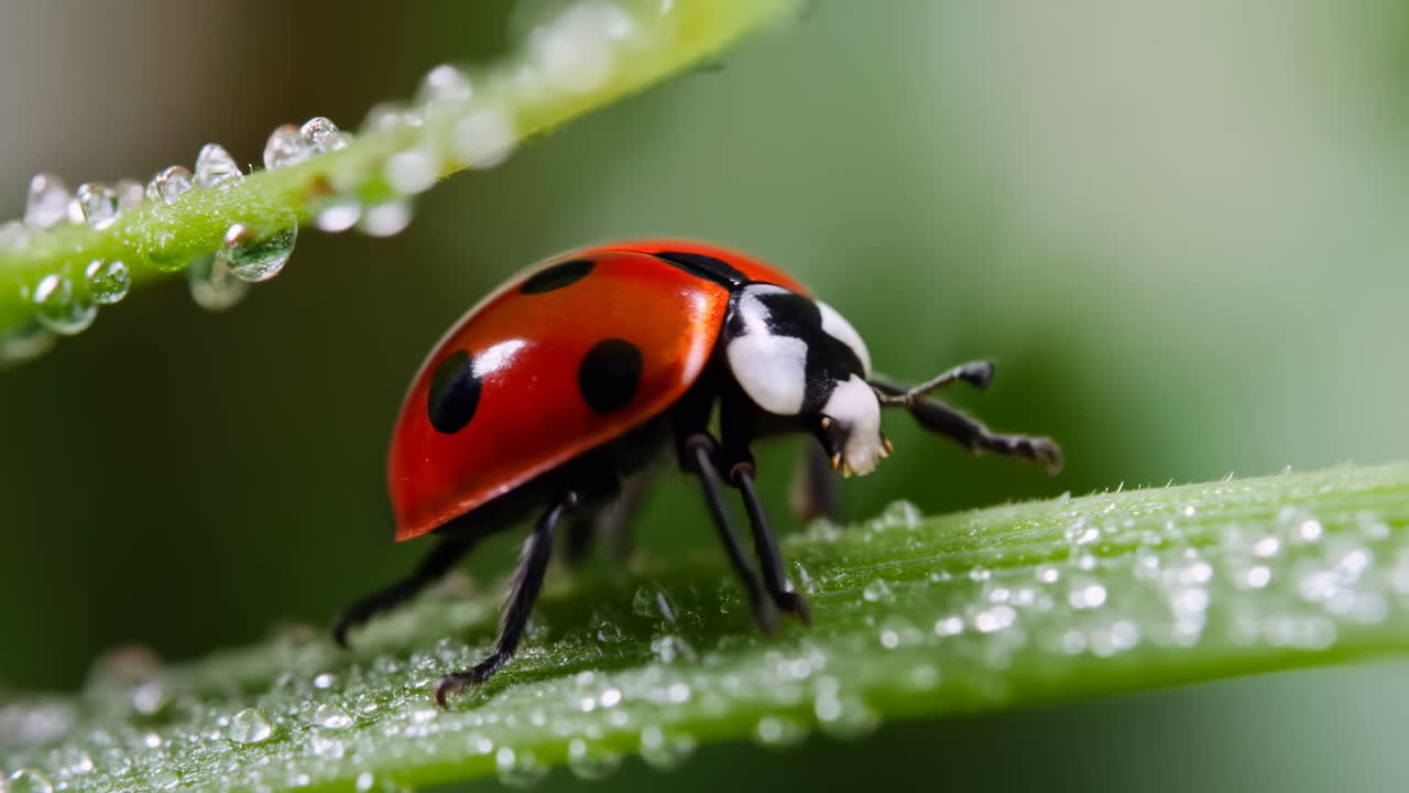 Closeup Red Ladybug On Dewy Grass, Macro Shot Showing Tiny Beetle Traversing Wet Blade, Crystal Droplets