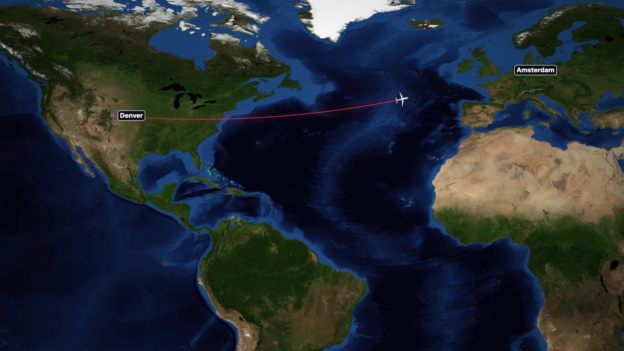 A red line tracks an airplane flying from Denver to Amsterdam over a satellite map