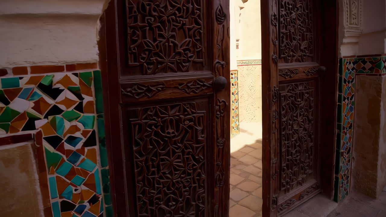 Ornate Wooden Doors and Colorful Tiles of a Moroccan Building