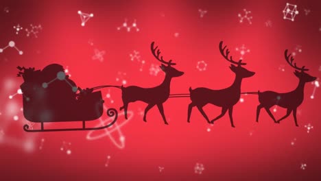 molecular structures floating over santa claus in sleigh being pulled by reindeers on red background