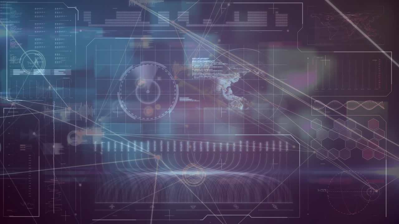 Animation of data processing and network of connections over globe on black background